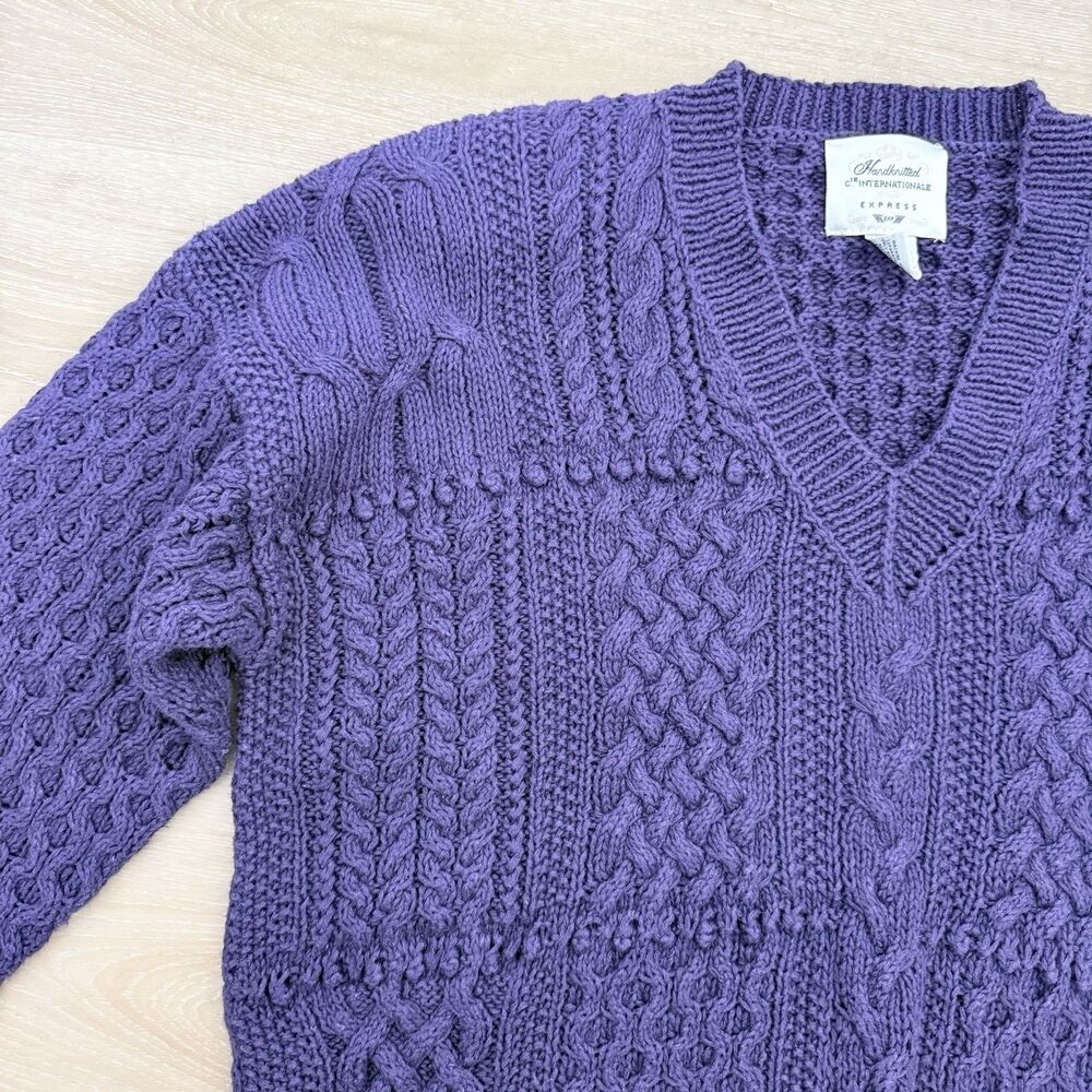 VTG 90s Express Hand Knit Patchwork V-Neck Sweater M Purple Ramie Cotton Chunky